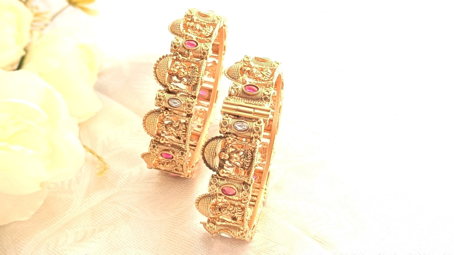 Gold Plated Set Of 2  Adjustable Temple Jewelry Bangle With Maa Laxmi Carvings