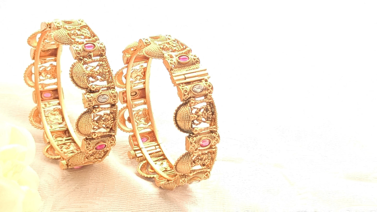 Gold Plated Set Of 2  Adjustable Temple Jewelry Bangle With Maa Laxmi Carvings