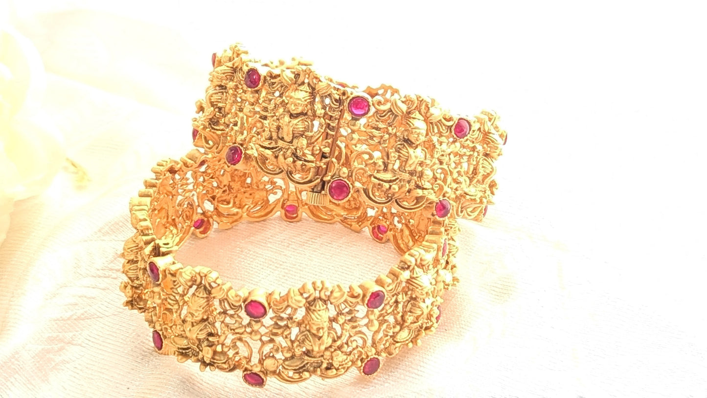 Gold Plated Set Of Two Temple Jewelry Bangle With Red Kundan Stones