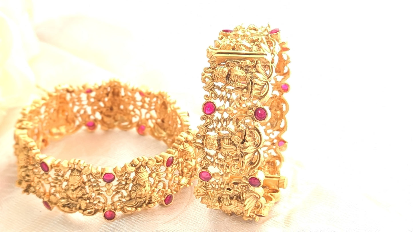 Gold Plated Set Of Two Temple Jewelry Bangle With Red Kundan Stones