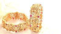 Gold Plated Set Of Two Temple Jewelry Bangle With Red Kundan Stones