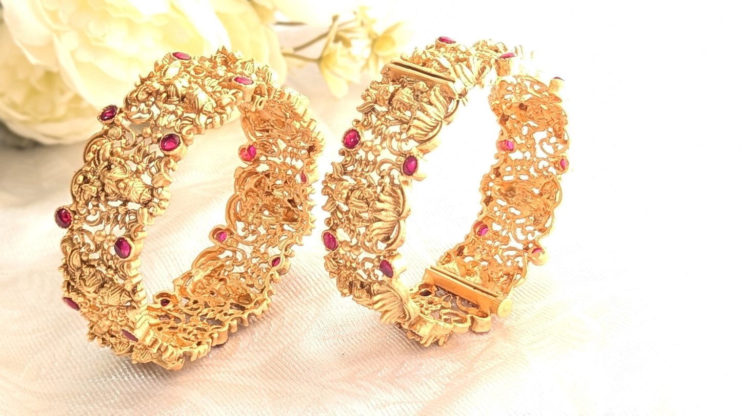 Gold Plated Set Of Two Temple Jewelry Bangle With Red Kundan Stones