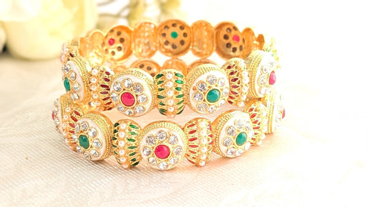 Set Of 2 Gold Plated Diamond & Kundan Stone Studded Traditional Bangles