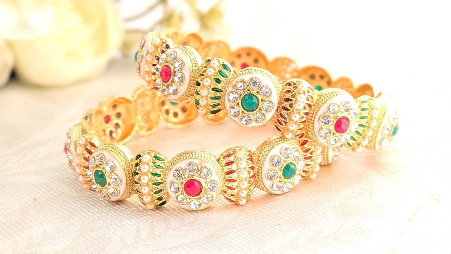 Set Of 2 Gold Plated Diamond & Kundan Stone Studded Traditional Bangles