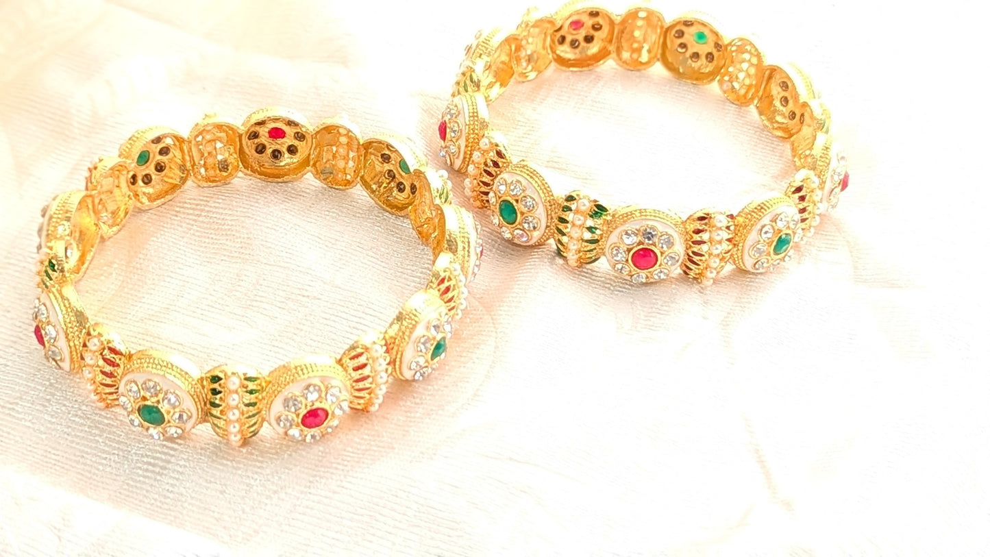 Set Of 2 Gold Plated Diamond & Kundan Stone Studded Traditional Bangles