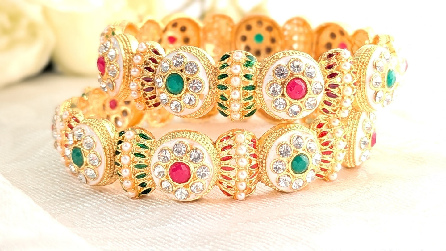 Set Of 2 Gold Plated Diamond & Kundan Stone Studded Traditional Bangles