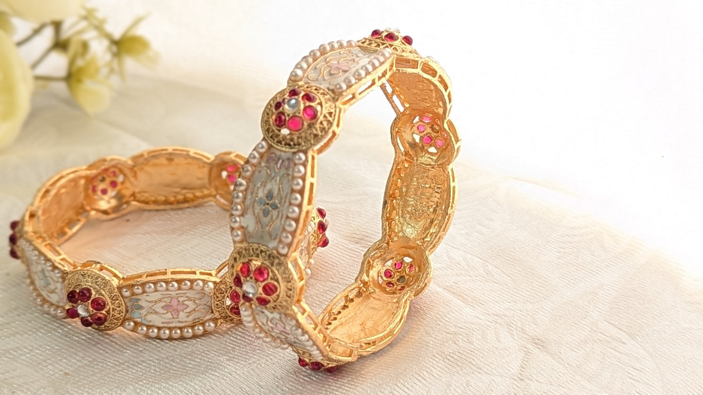 Gold Plated Red Stones Studded Festive Bangles For Women | Set Of 2