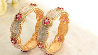 Gold Plated Red Stones Studded Festive Bangles For Women | Set Of 2