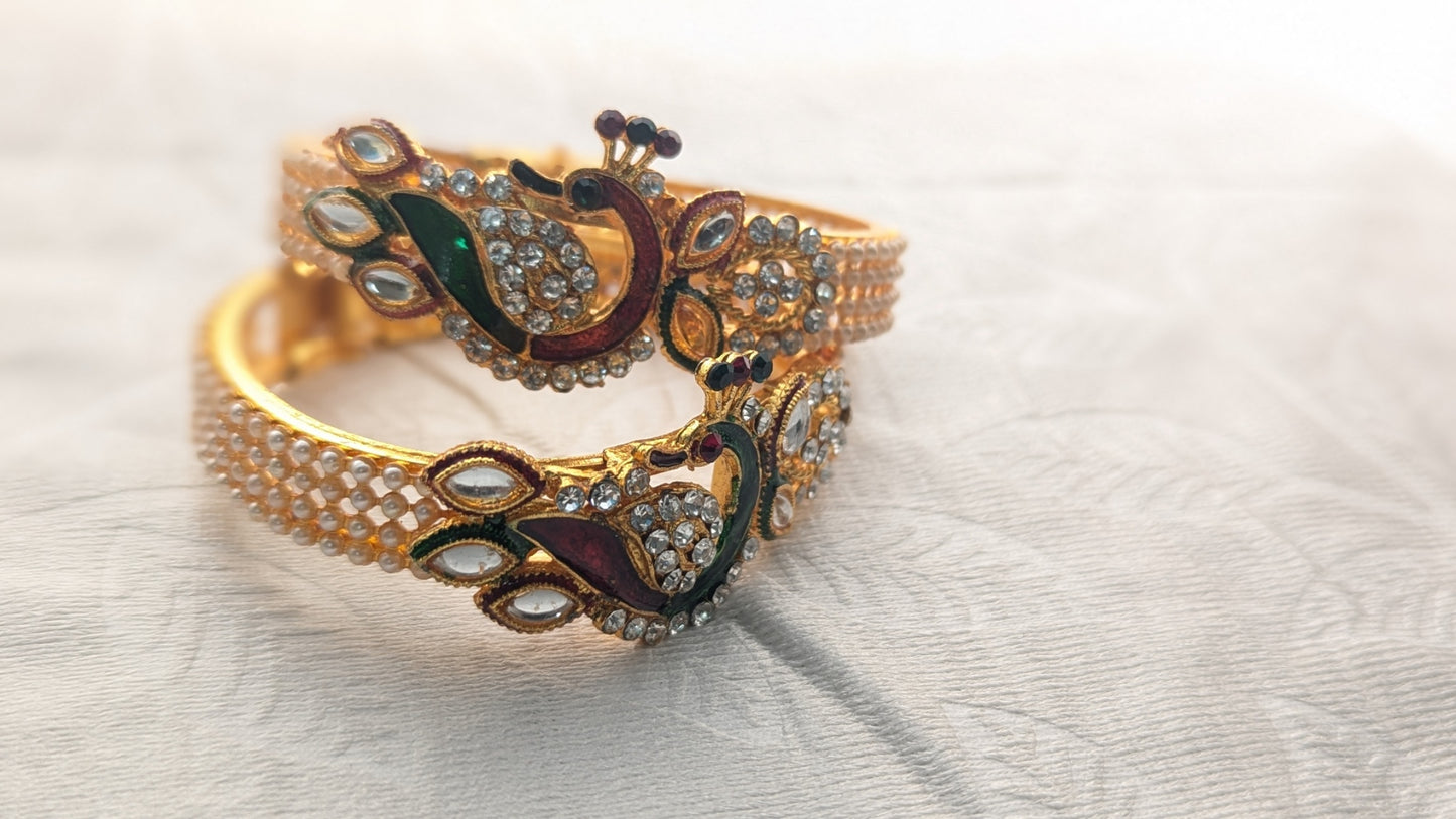 Gold Plated Traditional Kundan, Diamond & Faux Pearl Studded Adjustable Bracelet