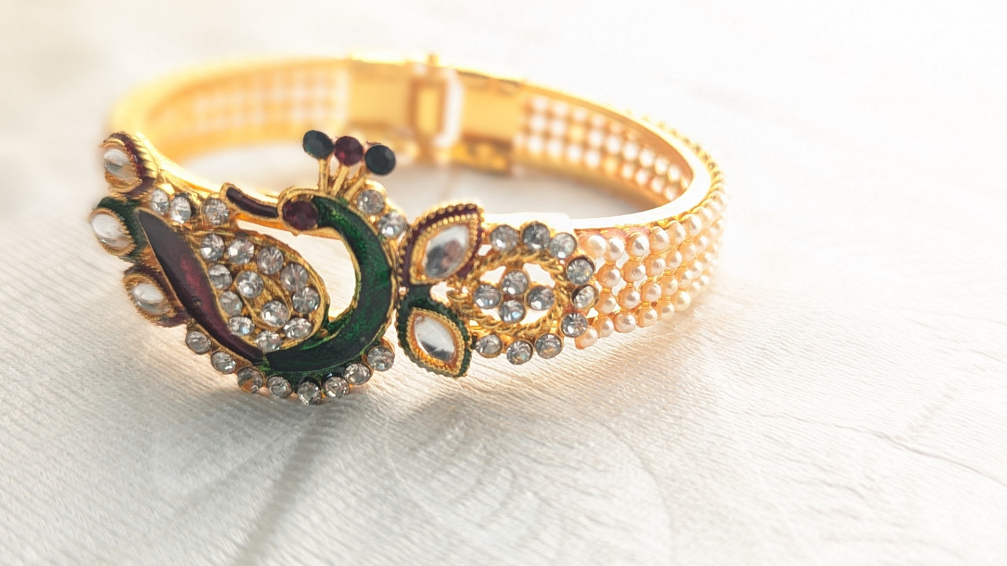 Gold Plated Traditional Kundan, Diamond & Faux Pearl Studded Adjustable Bracelet