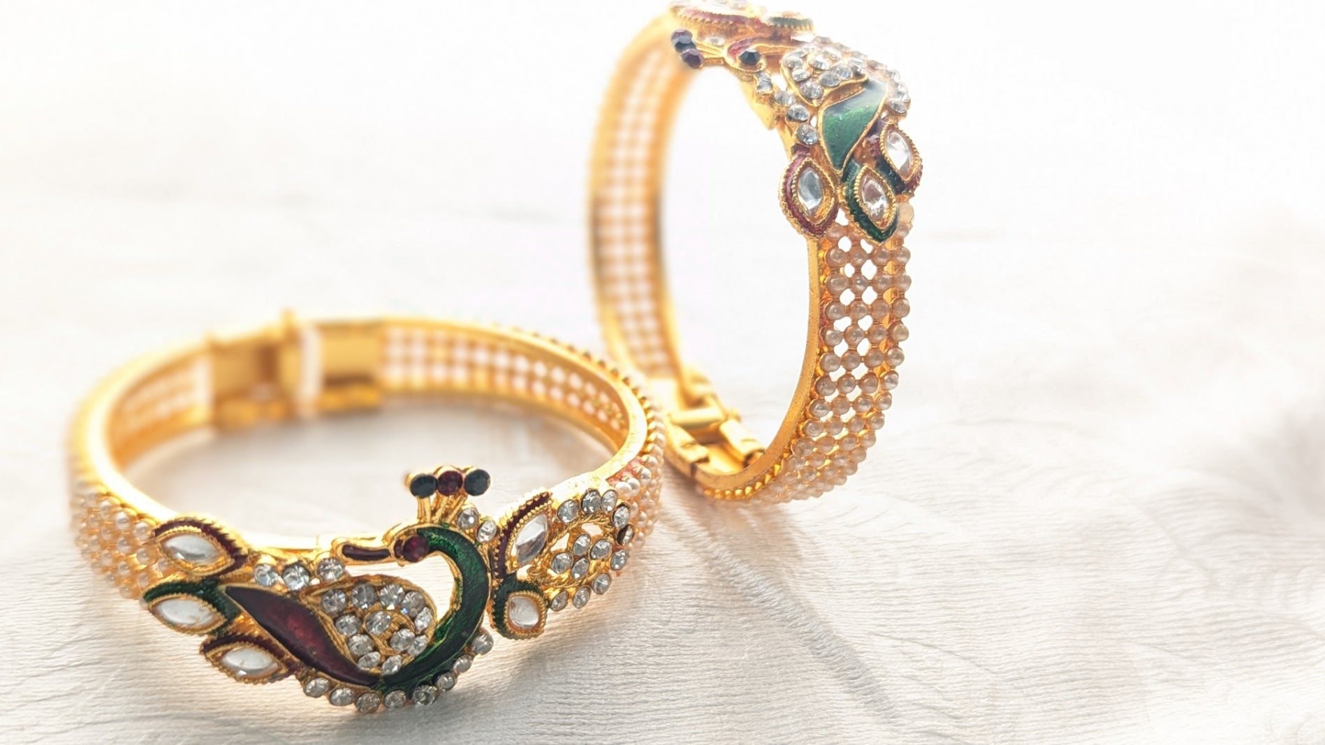 Gold Plated Traditional Kundan, Diamond & Faux Pearl Studded Adjustable Bracelet