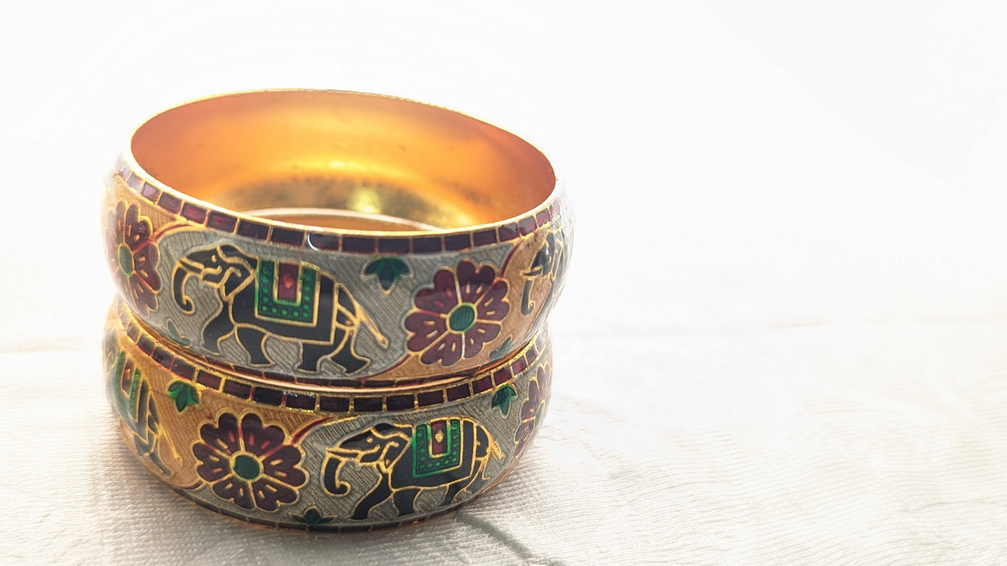 Gold Plated Set Of 2 Traditional Minakari Bangles With Elephant Enamel Work |Size 2.6