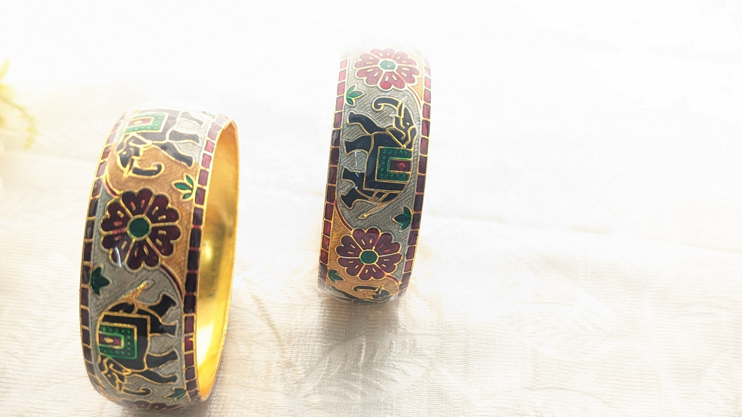 Gold Plated Set Of 2 Traditional Minakari Bangles With Elephant Enamel Work |Size 2.6