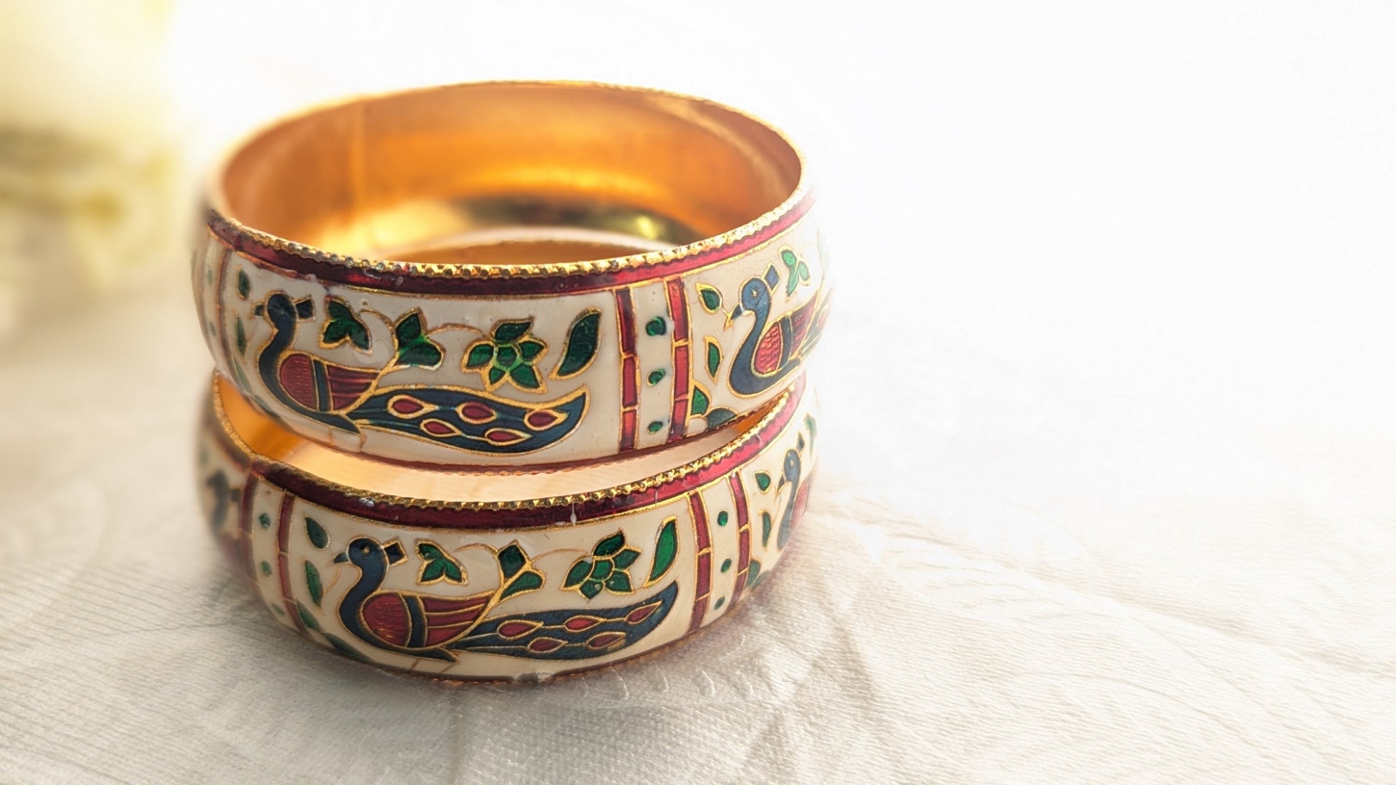 Traditional Set Of 2 White  Color Minakari Bangles With Peacock Enamel Work | Size 2.6