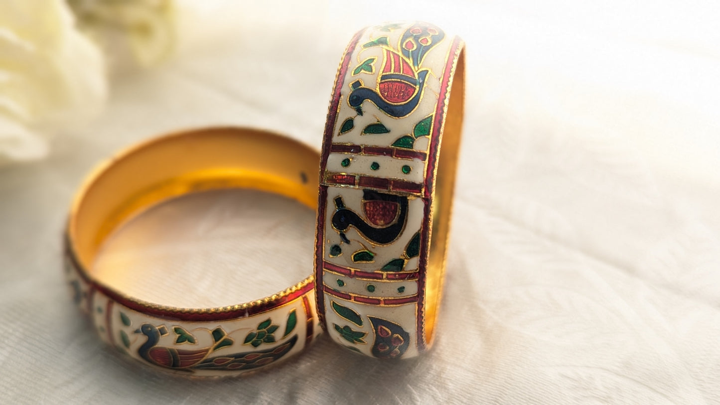 Traditional Set Of 2 White  Color Minakari Bangles With Peacock Enamel Work | Size 2.6