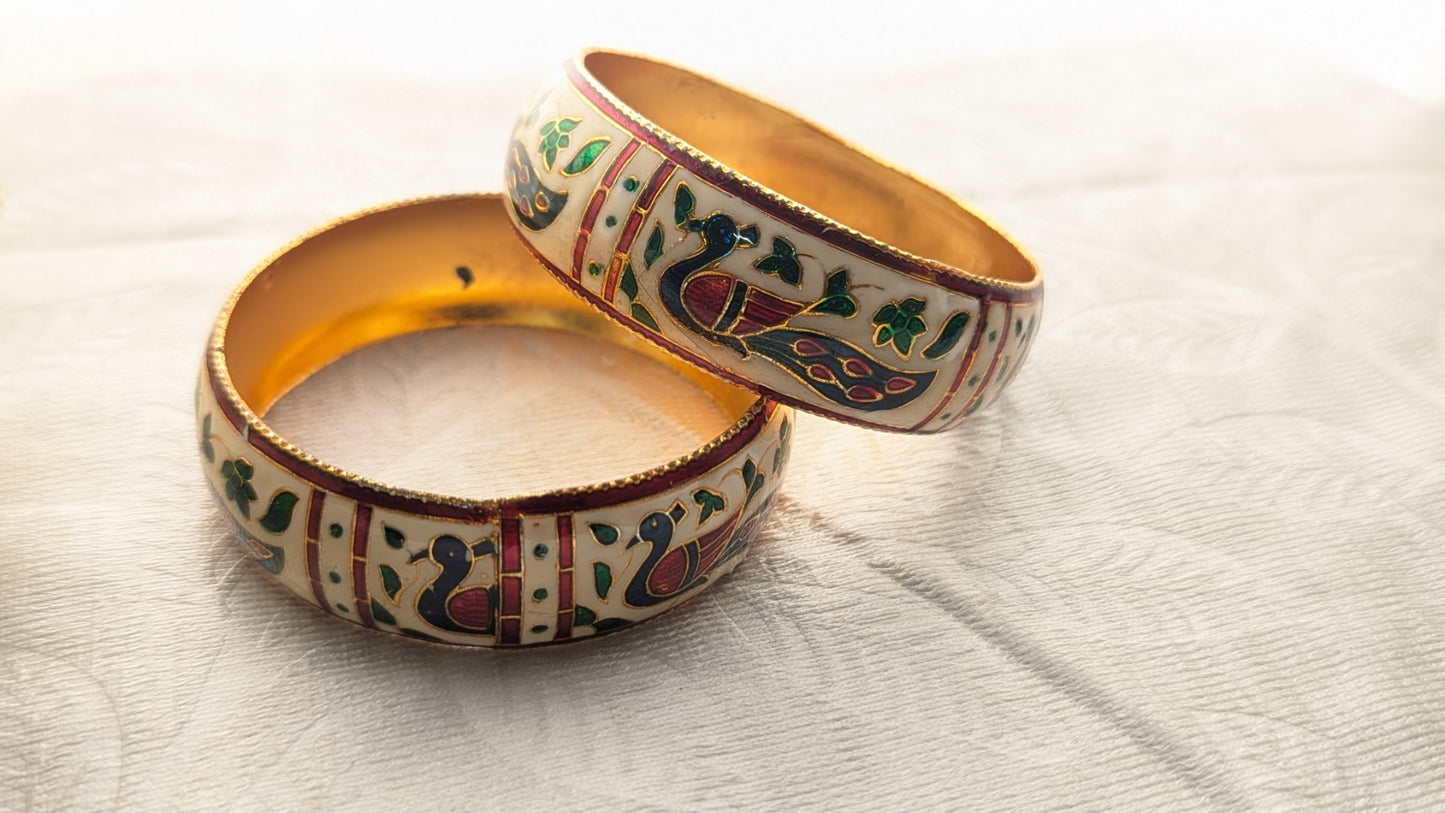 Traditional Set Of 2 White  Color Minakari Bangles With Peacock Enamel Work | Size 2.6