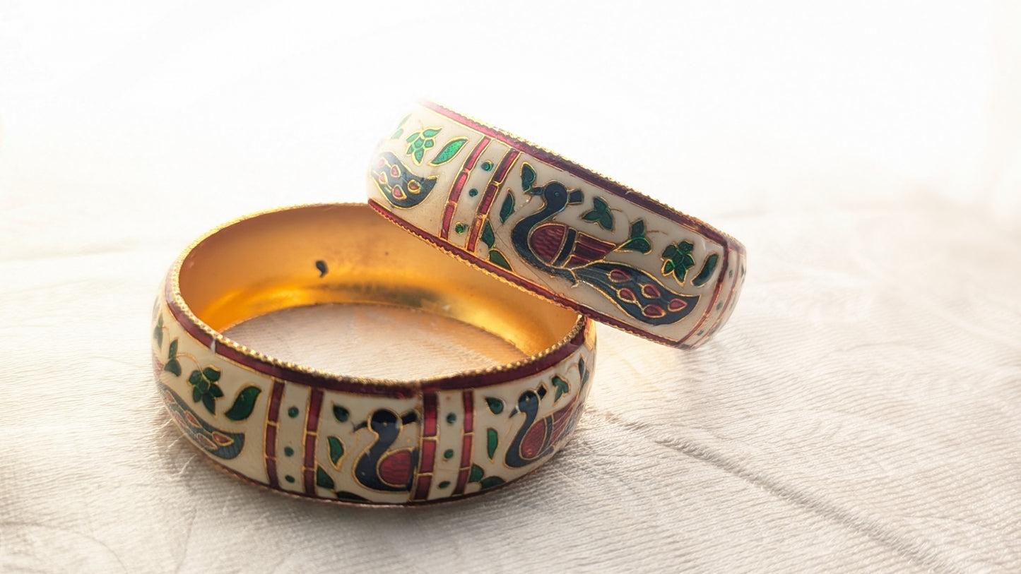 Traditional Set Of 2 White  Color Minakari Bangles With Peacock Enamel Work | Size 2.6