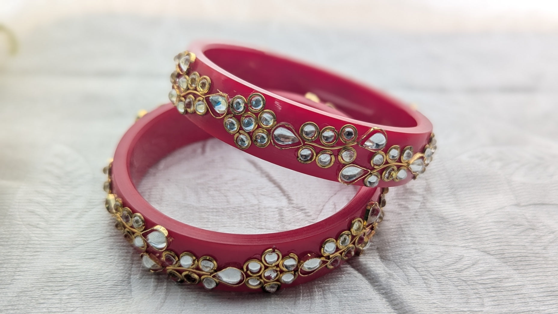 Set Of 2 Red Bangles With White Kundan Stones | Size 2.6