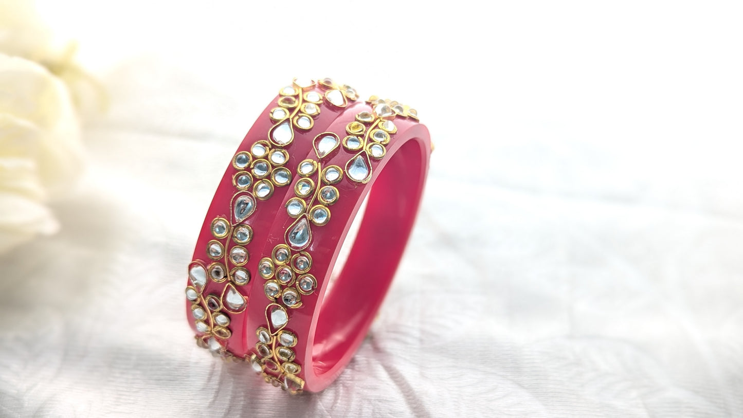 Set Of 2 Red Bangles With White Kundan Stones | Size 2.6