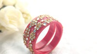 Set Of 2 Red Bangles With White Kundan Stones | Size 2.6