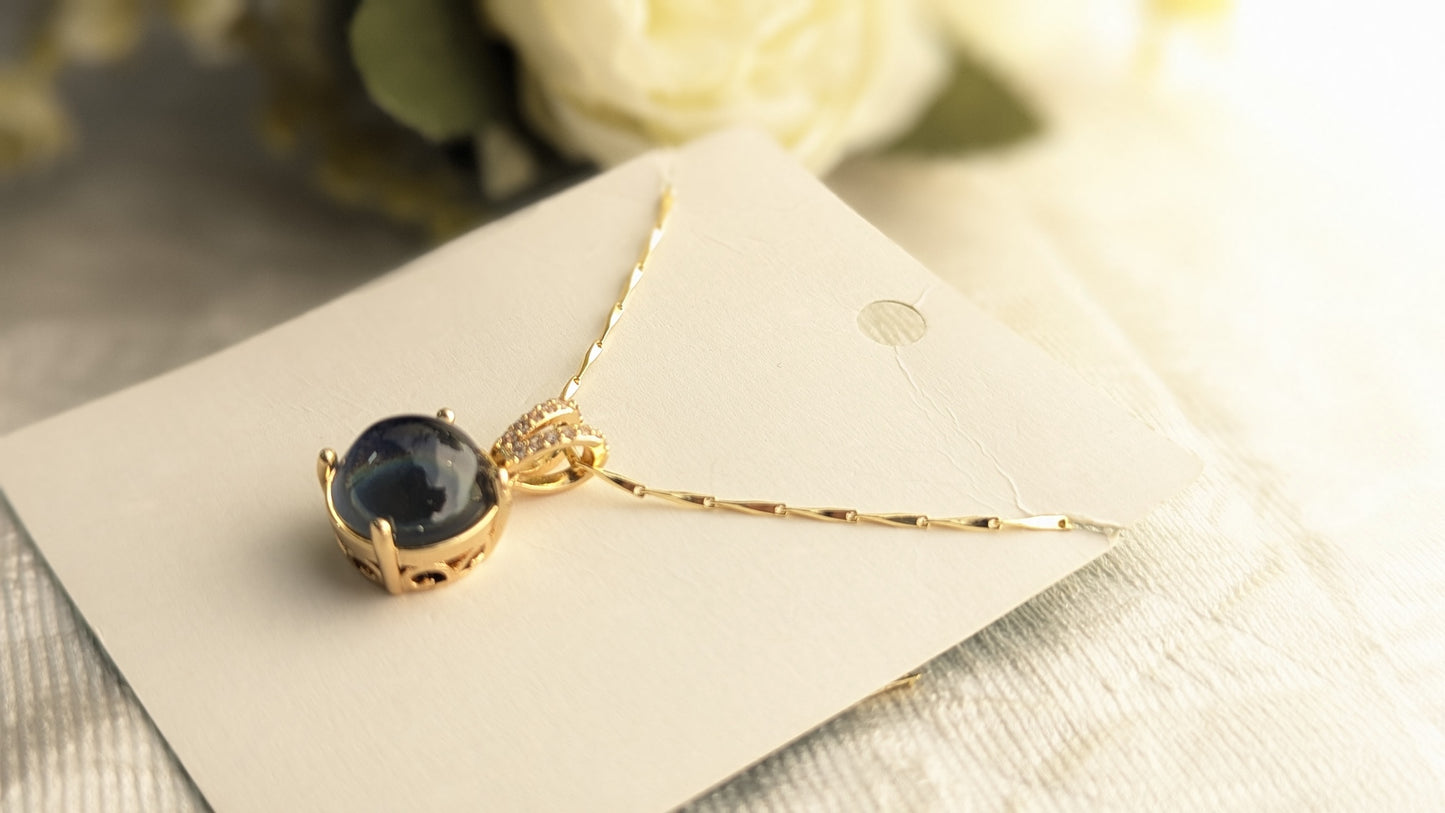 Gold Plated Blue Oval Shape Stone Anti Tarnish  Pendant Chain Necklace