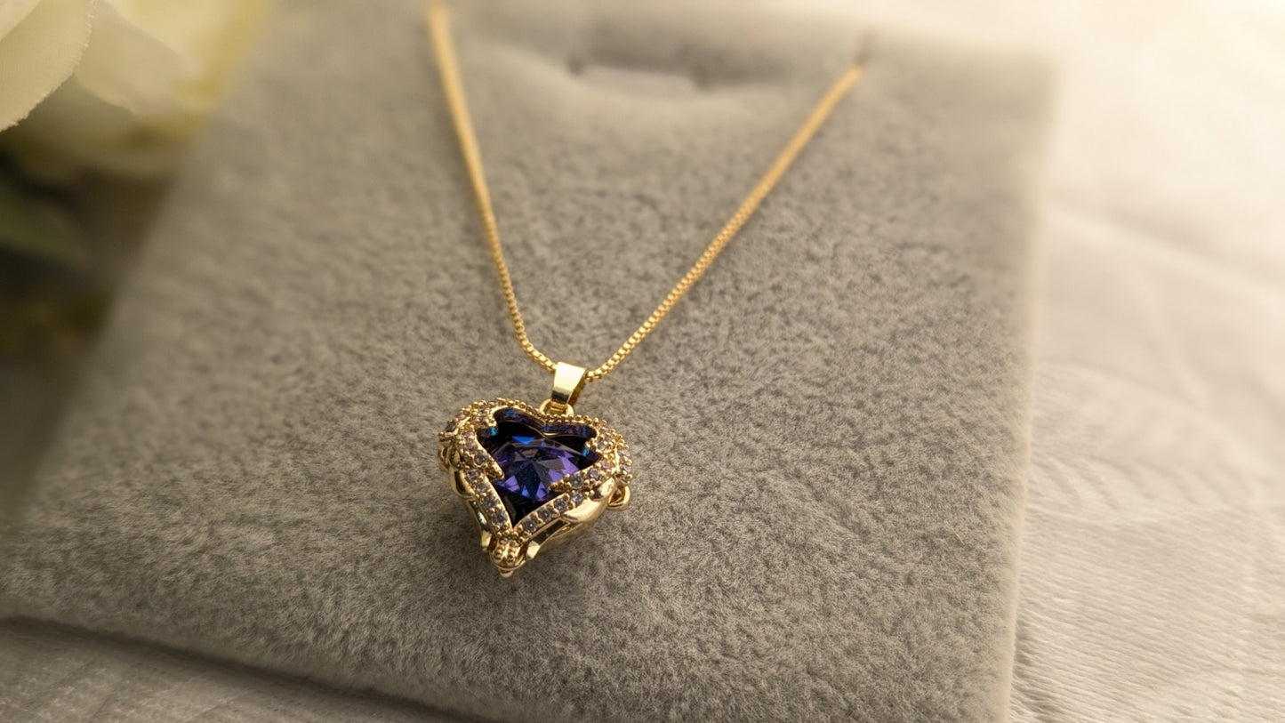 AD Studded Blue Heart Anti Tarnish Pendant Chain Necklace