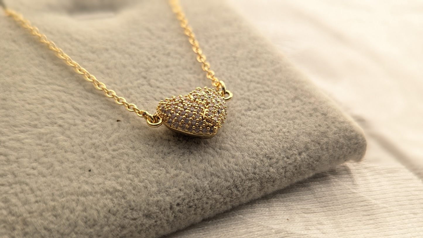 Gold Plated Ad Studded Magnetic Heart Pendant Chain Necklace