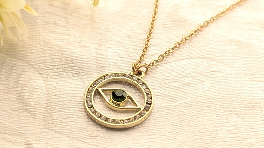 Gold Plated Green Stone Evil Eye Pendant Chain Necklace