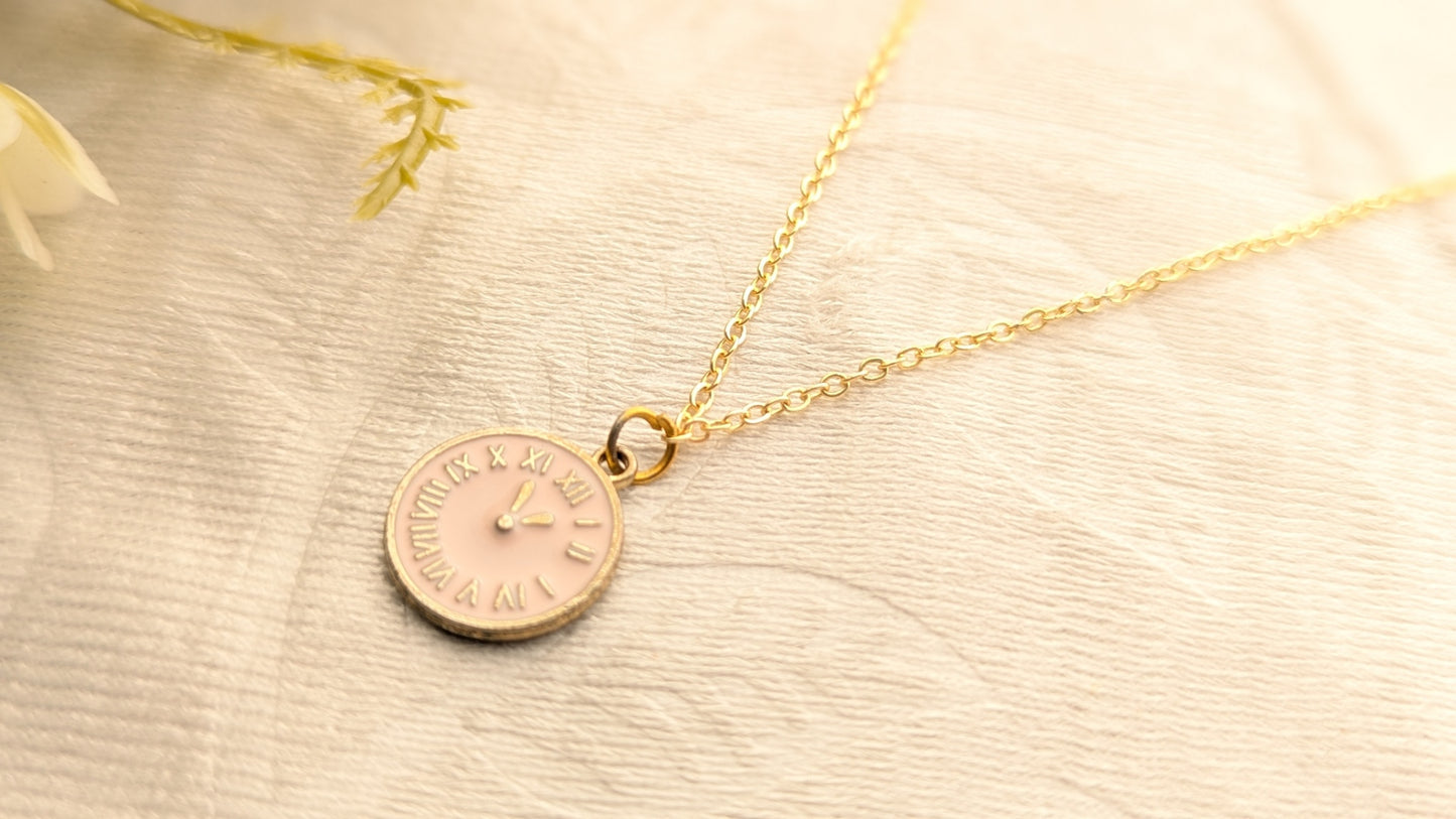 Gold Plated Pink Clock Pendant Chain Necklace