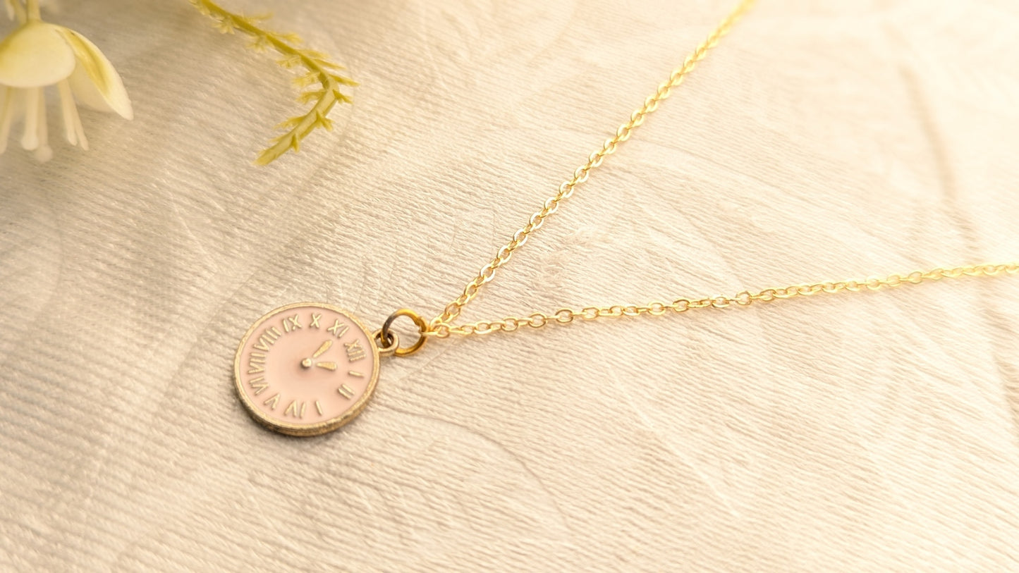 Gold Plated Pink Clock Pendant Chain Necklace