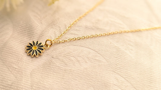 Gold Plated Black Flower Pendant Chain Necklace