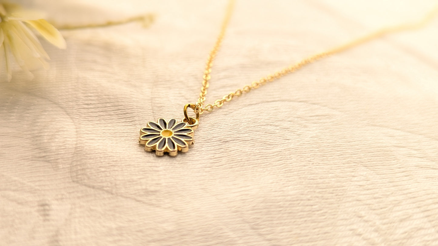 Gold Plated Black Flower Pendant Chain Necklace