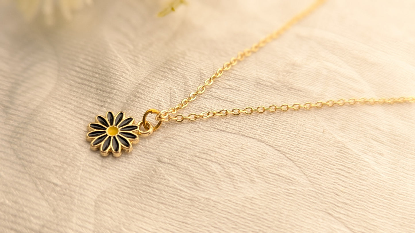 Gold Plated Black Flower Pendant Chain Necklace