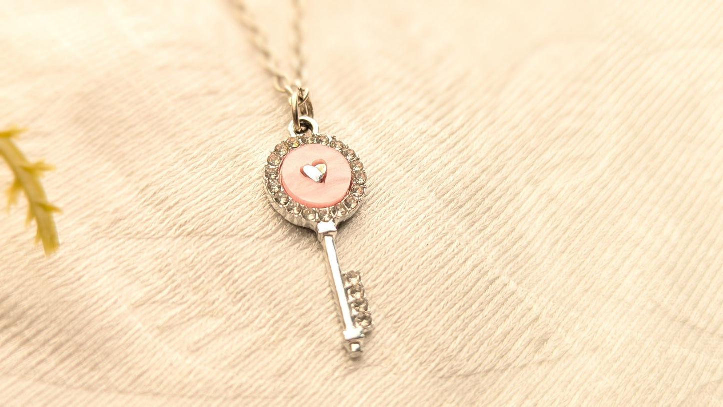 Silver Plated Pink Key Pendant Chain Necklace