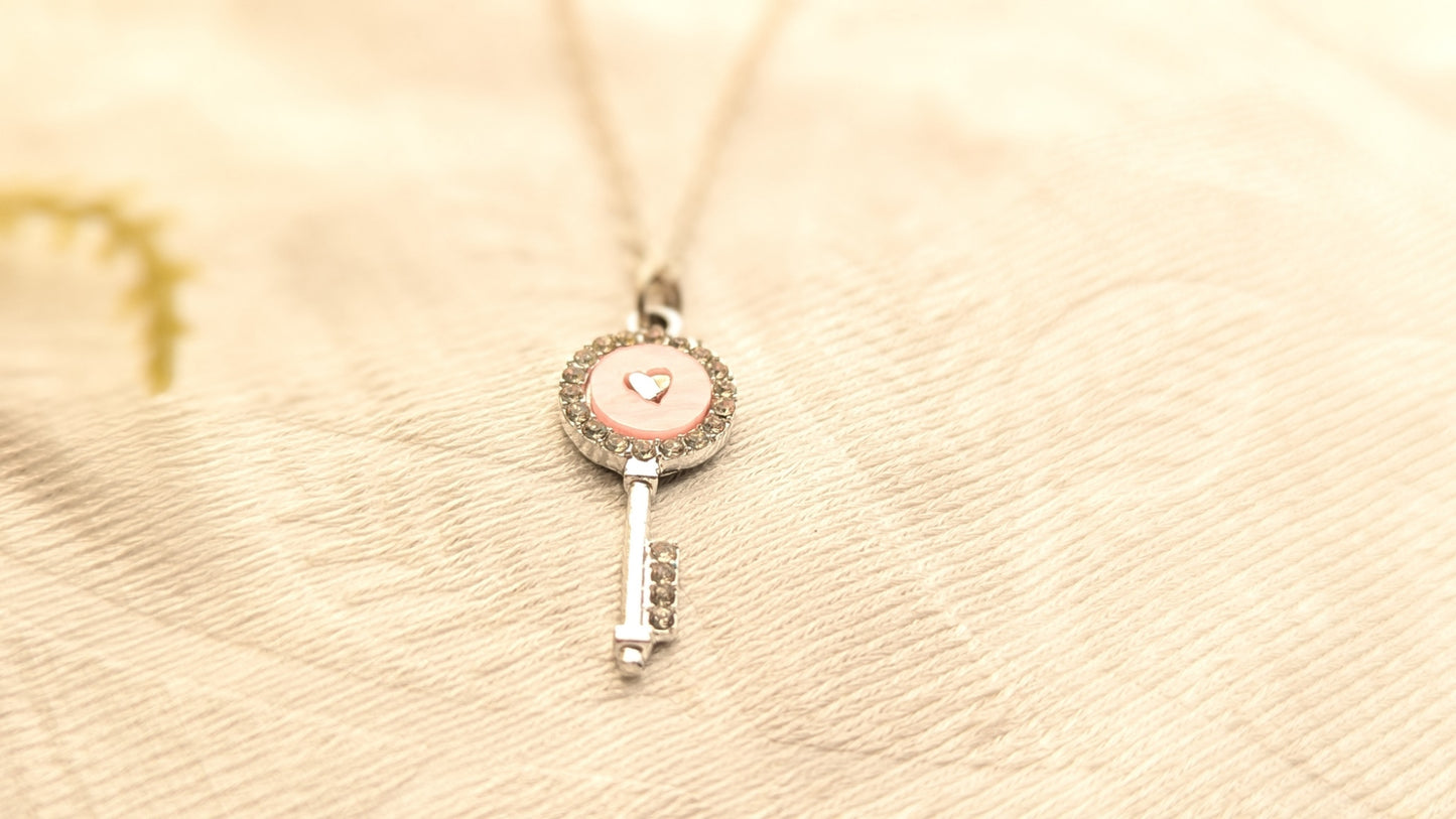 Silver Plated Pink Key Pendant Chain Necklace