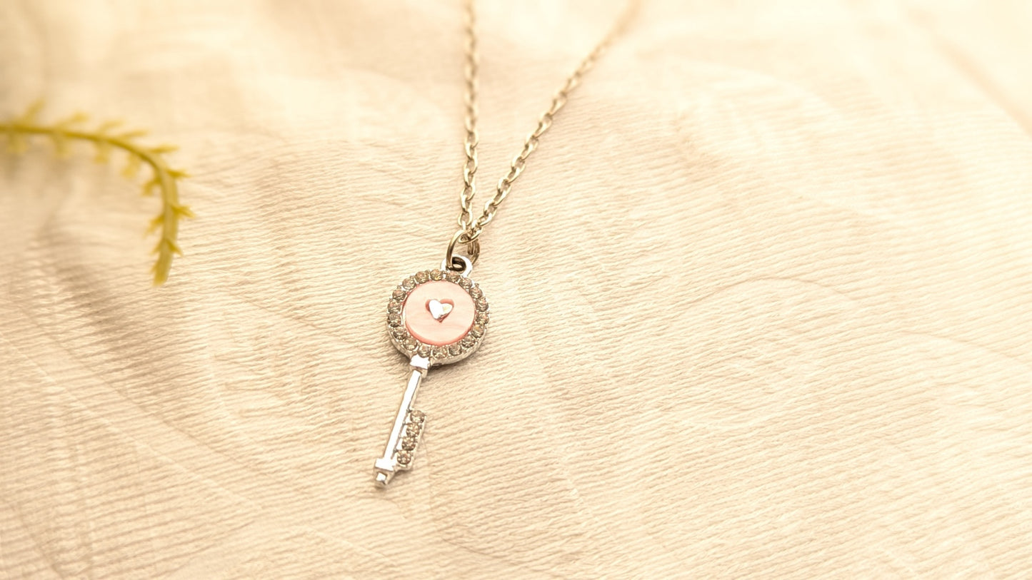 Silver Plated Pink Key Pendant Chain Necklace